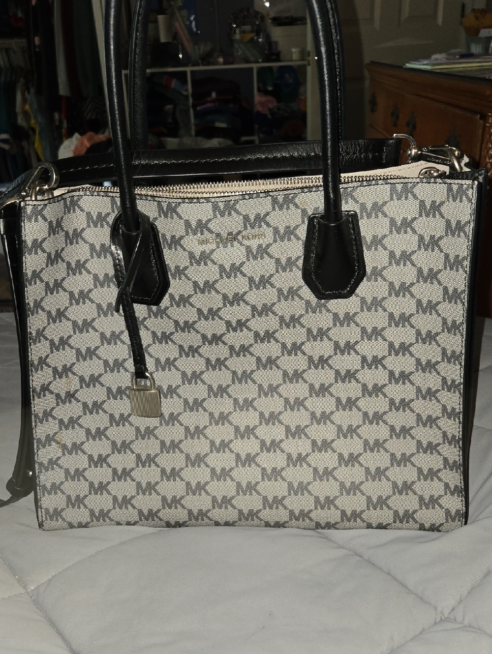 Michael Kors Mercer Signature convertible tote with beige and black monogrammed
